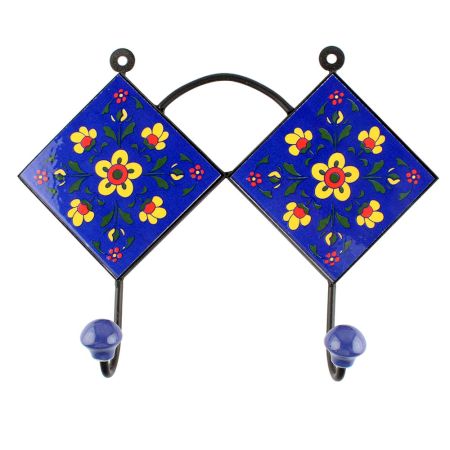 Navy Blue Yellow Tiny Flower Ceramic Tiles Hook 